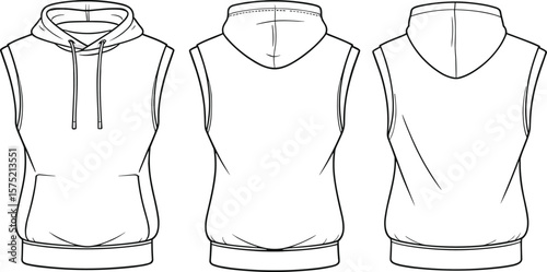 Sleeveless hoodie flat sketch front and back technical drawing, fashion garment vector template for casual wear, design layout illustration