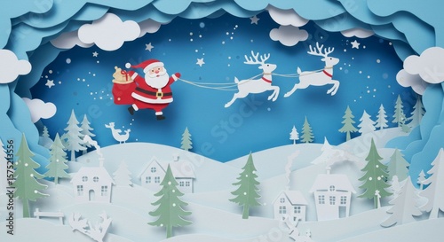 Festive Holiday Scene with Papercraft Flying Over Snowy Town