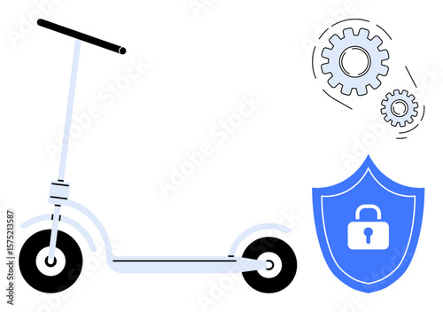 Electric scooter alongside shield with lock and interlocked gears promoting mobility, technology, and safety. Ideal for urban transport, innovation, security, reliability, smart infrastructure