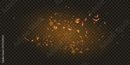 Flame of fire with sparks on a black background. The texture of the fiery storm. The fiery sparks of lights flash, a shot of a flying spark in the air. a dark night