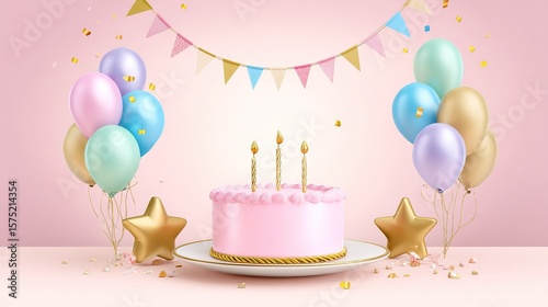 Pastel Birthday Party Cake with Balloons and Banner Decorations