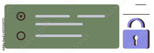Green panel with two radio buttons and text lines alongside a purple lock icon symbolizing data security. Ideal for cybersecurity, privacy interface, access control, user authentication, encryption