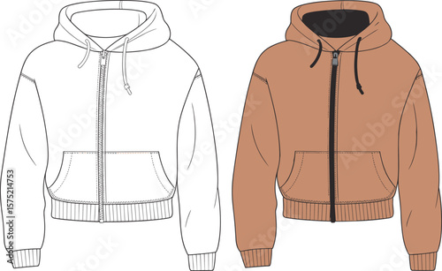 Brown cropped zip hoodie front and back technical flat sketch, fashion illustration template, unisex streetwear design with drawstring hood.