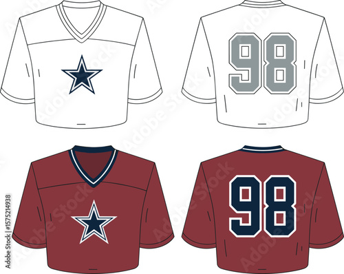 American football jersey front and back view, number print design, sportswear uniform sketch, vector template, athletic style, flat illustration.