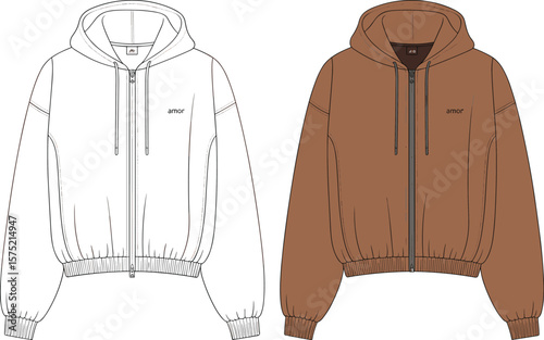 Brown zip up hoodie fashion flat sketch, technical illustration with front view, drawstring hood, ribbed hem, and minimal amor logo.