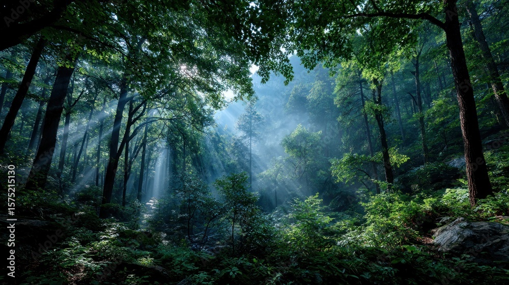 Fototapeta premium Sunlight streams through a lush forest (1)