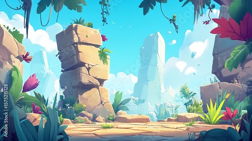 Lush tropical landscape with ancient stone ruins, vibrant plants, and a clear blue sky.  A path winds through the scene, hinting at exploration