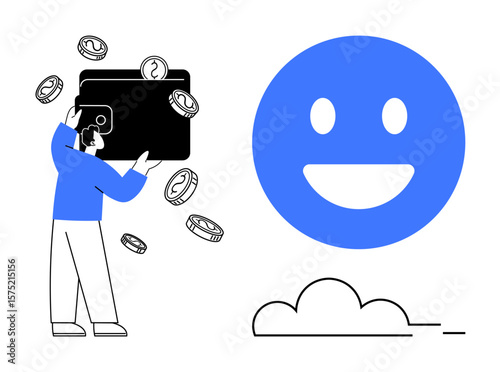 Person clutching wallet as coins float, with a happy face and cloud, symbolizing savings, financial health, and positivity. Ideal for finance, budgeting, investing, happiness success cloud storage