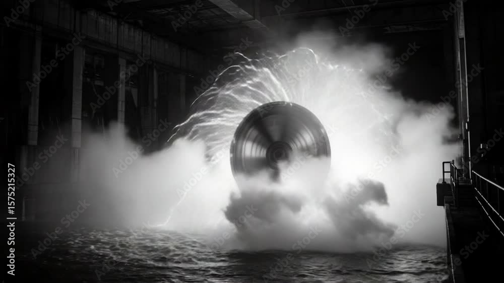 Jet engine test in water with sparks and smoke effects