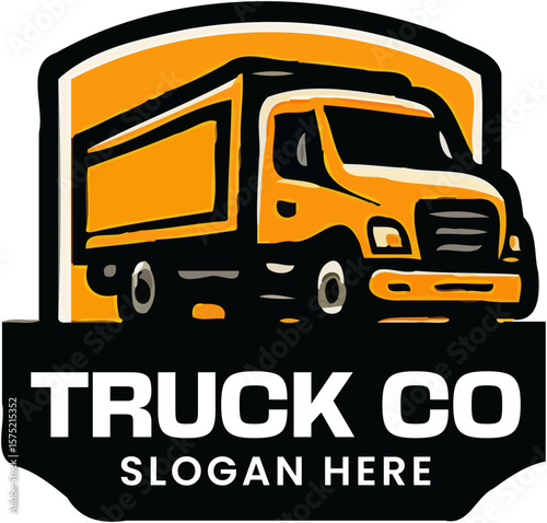 Bold truck company logo with red cargo truck and badge design