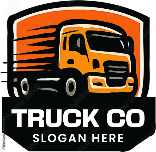 Bold truck company logo with red cargo truck and badge design