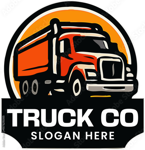 Bold truck company logo with red cargo truck and badge design