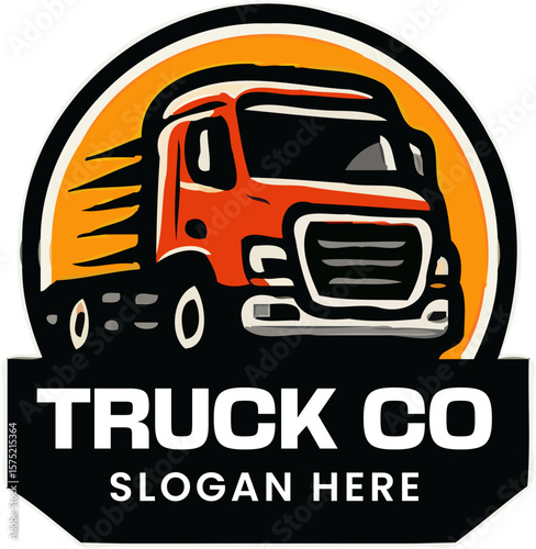 Bold truck company logo with red cargo truck and badge design