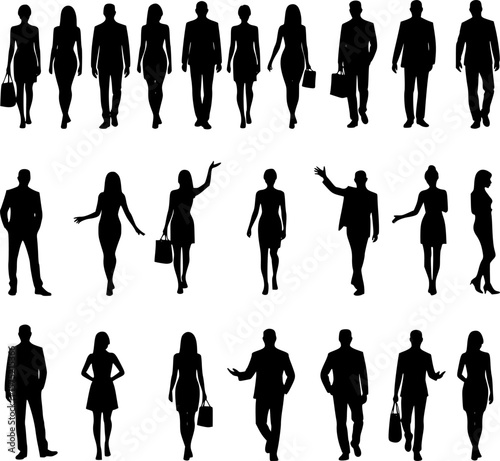 Vector silhouettes mеn and women, illustration. Silhouettes of young people posing in casual clothes. EPS 10 version.
