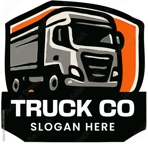 Bold truck company logo with red cargo truck and badge design
