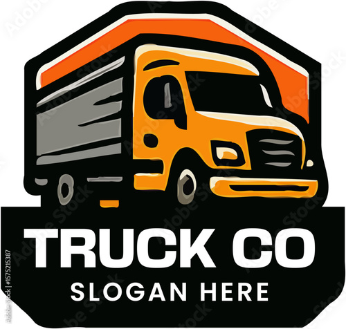 Bold truck company logo with red cargo truck and badge design