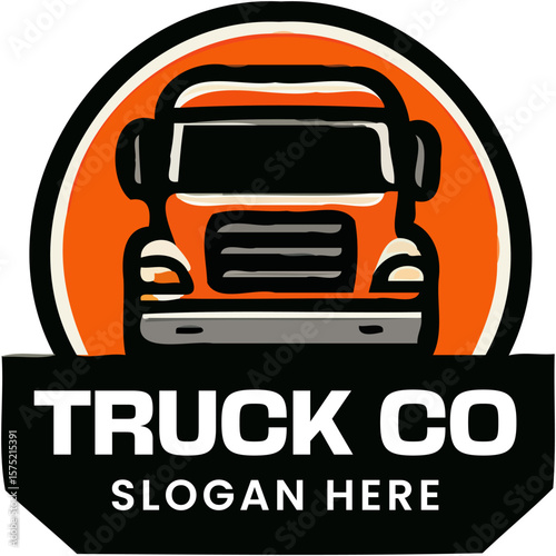 Bold truck company logo with red cargo truck and badge design