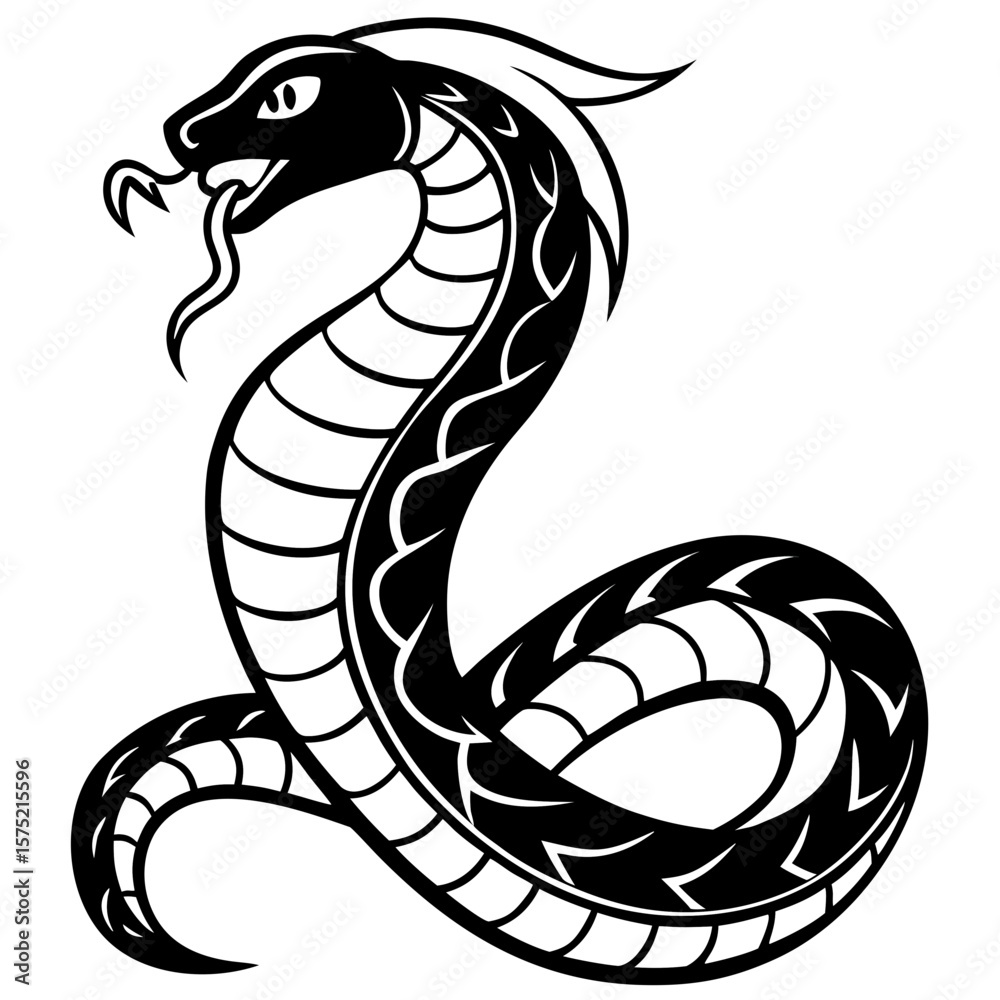 Fototapeta premium Stylized black snake with forked tongue and detailed scales silhouette