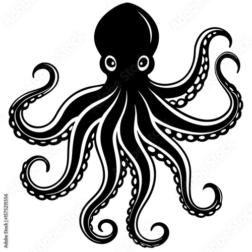 Stylized black octopus with eight curving tentacles and suction cups silhouette