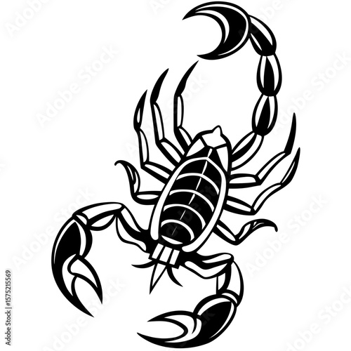 Detailed black and white scorpion silhouette with curved tail and claws