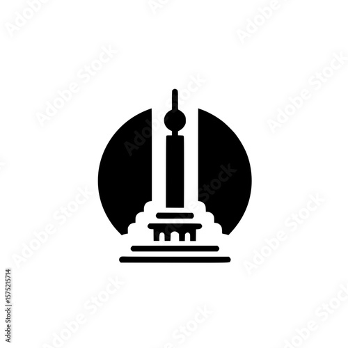 Tall monument with curved base in circular frame representing national pride or commemorative site