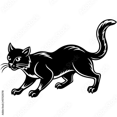 Alert black cat in a dynamic stalking pose with white highlights silhouette