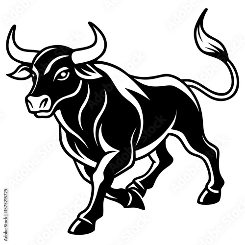 Powerful black bull charging forward in a dynamic silhouette
