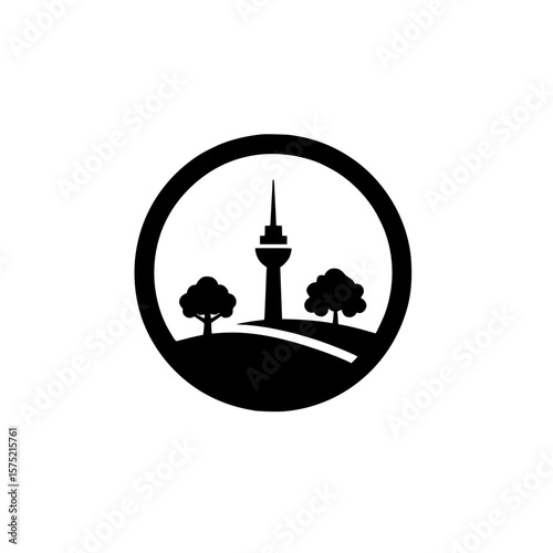 National monument and tree landscape enclosed in a circular frame representing city park or tourism landmark