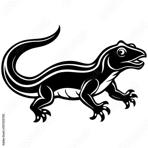 Stylized black lizard with open mouth and curled tail silhouette