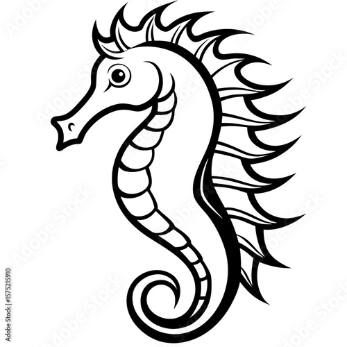 Stylized black and white seahorse silhouette with detailed fins and tail