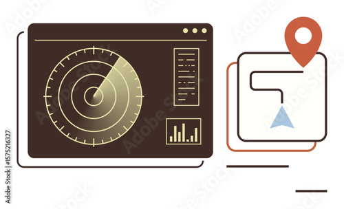 Radar detecting objects with tracking interface, map with location marker and navigation icon. Ideal for technology, GPS, tracking, radar systems, navigation, exploration, logistics simple flat