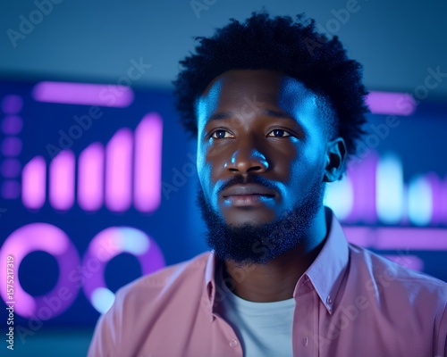 Thoughtful Man in Pink Shirt Contemplating Data Charts Under Blue Lighting