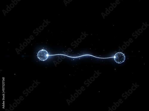 Abstract visualization of quantum entanglement, showing two connected particles with mirrored spins