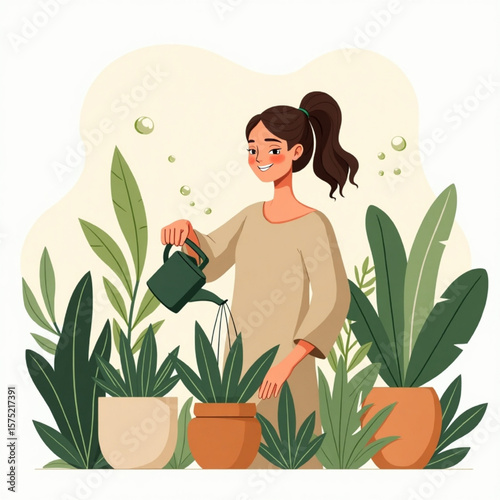Cultivating Growth: A person lovingly nurtures plants in an indoor haven, tending to the vibrant greenery with a watering can. Capturing the essence of life, growth.