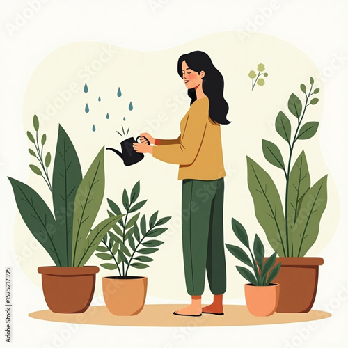 Nurturing Green: A woman carefully tends to her indoor garden, sprinkling water on lush, vibrant plants and flowers. The scene exudes tranquility and the nurturing touch of nature.