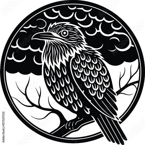 Detailed black and white silhouette of a majestic bird perched on a branch in a circular frame