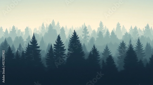 Serene misty forest landscape with rows of dark-green evergreen trees fading into a pale horizon