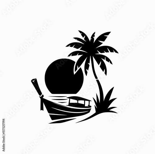 Minimalist Black Vector Logo of Traditional Thai Longtail Boat Under Coconut Tree Isolated on White Background