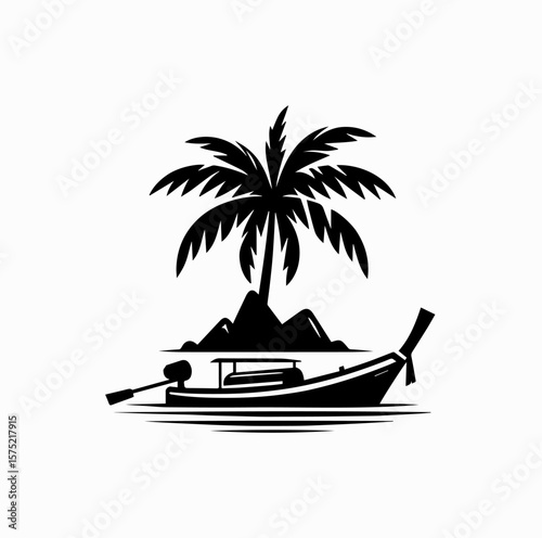 Minimalist Black Vector Logo of Traditional Thai Longtail Boat Under Coconut Tree Isolated on White Background