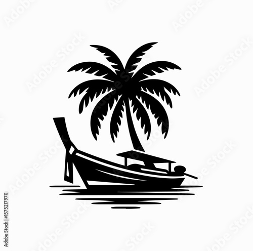 Minimalist Black Vector Logo of Traditional Thai Longtail Boat Under Coconut Tree Isolated on White Background
