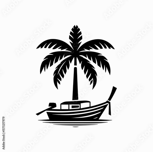 Minimalist Black Vector Logo of Traditional Thai Longtail Boat Under Coconut Tree Isolated on White Background