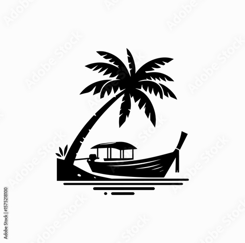 Minimalist Black Vector Logo of Traditional Thai Longtail Boat Under Coconut Tree Isolated on White Background