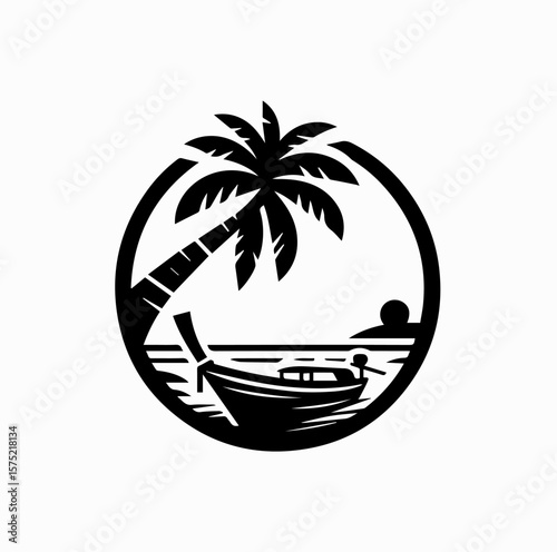 Minimalist Black Vector Logo of Traditional Thai Longtail Boat Under Coconut Tree Isolated on White Background