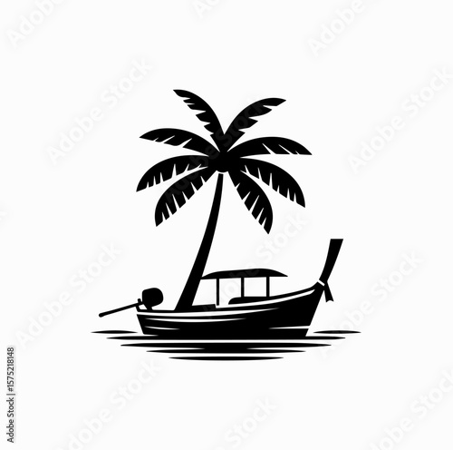 Minimalist Black Vector Logo of Traditional Thai Longtail Boat Under Coconut Tree Isolated on White Background