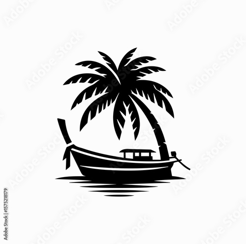 Minimalist Black Vector Logo of Traditional Thai Longtail Boat Under Coconut Tree Isolated on White Background