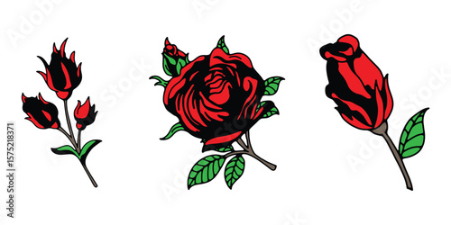 Colorful Rose Flower SVG Pack, Red and Green Floral Illustrations