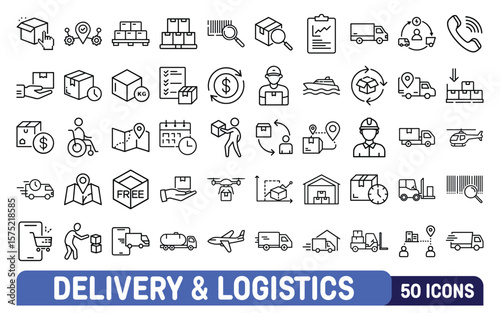 Comprehensive collection of 50 delivery and logistics icons representing various aspects of shipping and transportation services