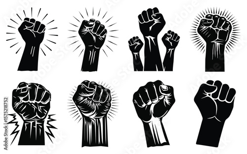 Collection of black fist symbols representing power unity resistance and strength against a white background