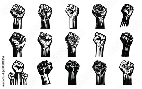Collection of black and white stylized fist raised upward symbolizing power strength unity and protest