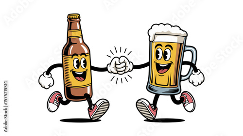 Two cartoon beer bottle and glass, bumping fists, celebrating friendship.